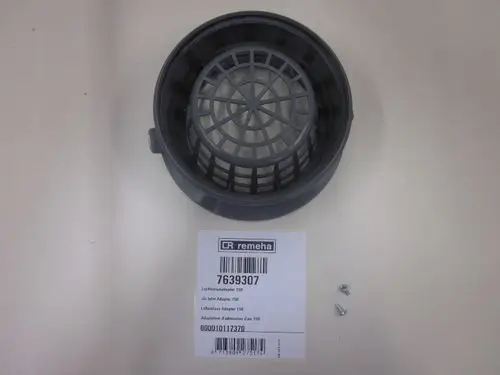 Luftadapter von Remeha, graue Kunststoffstruktur mit Gitterdesign. Enthält zwei Schrauben zur Befestigung.